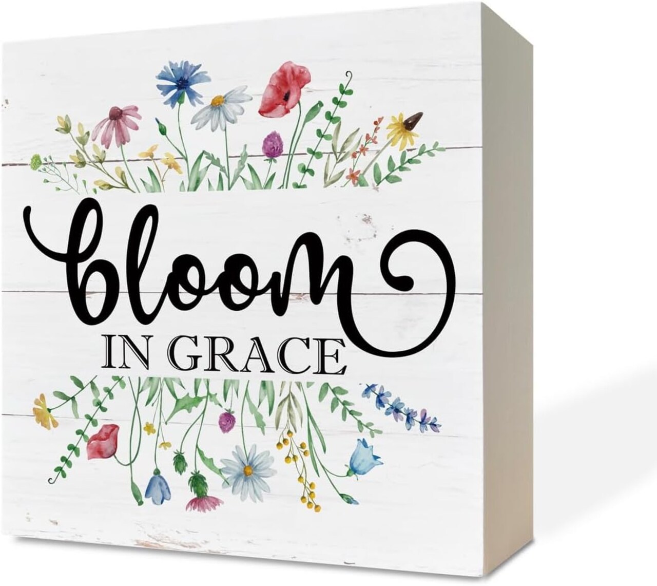 Spring Wooden Box Sign – Rustic White Floral Bloom “Bloom in Grace” Desk & Tabletop Decor for Home, Living Room, Shelf & Seasonal Decoration